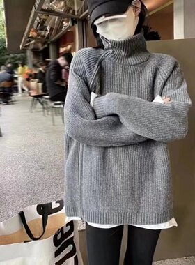 大表姐同款侧拉链元宝针高领加厚毛衣100纯羊毛衫外套针织羊绒衫