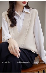 100纯羊毛针织马甲女大V领宽松春秋叠穿羊绒毛衣背心坎肩外搭外穿