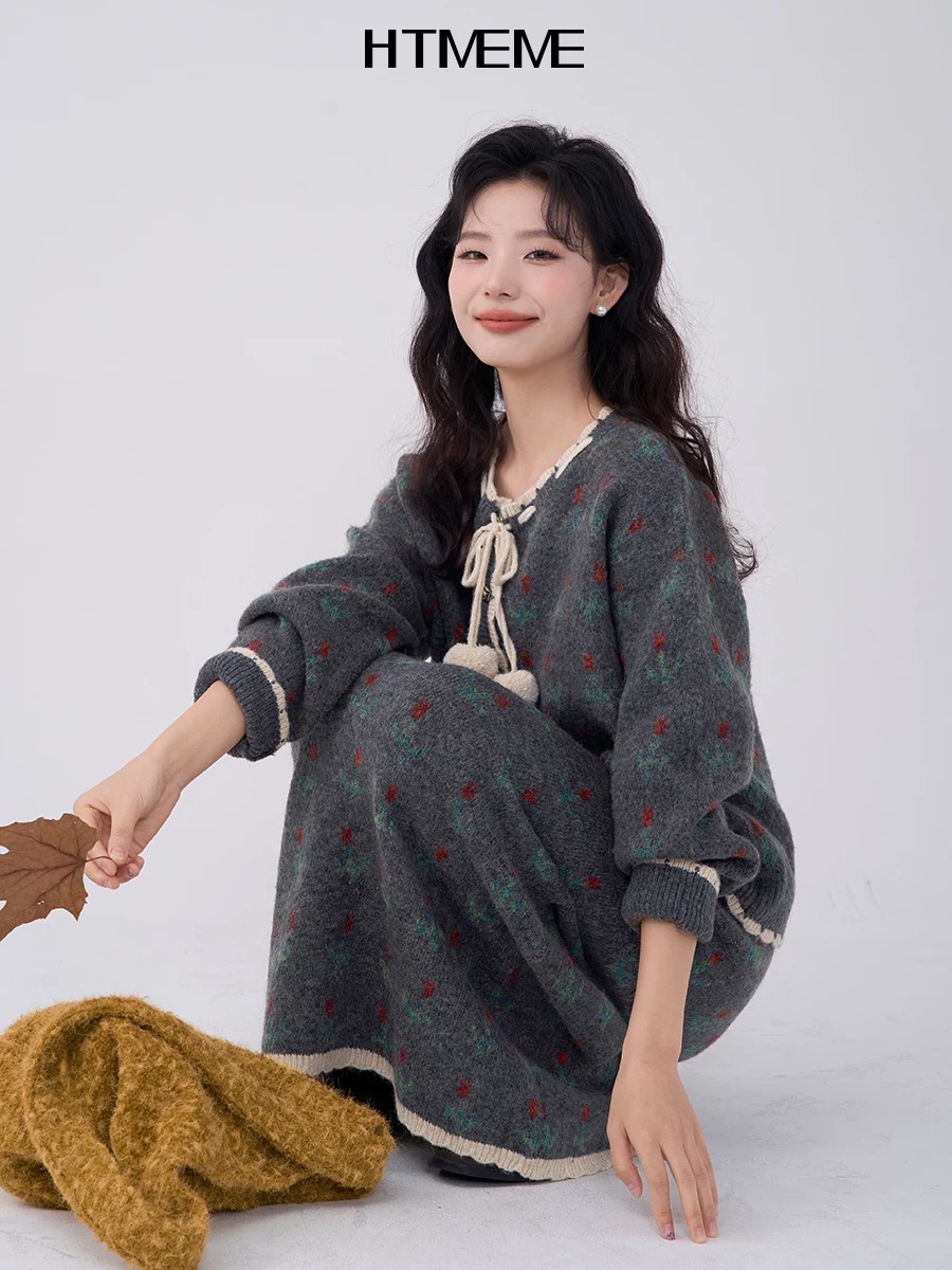 25春秋冬复古花边系带套装羊毛针织衫女毛衣外套开衫长裙两件套