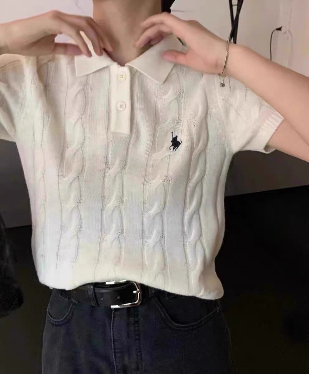 2026夏春秋冬翻领绞花短袖针织衫女半袖polo领麻花毛衣刺绣羊毛衫