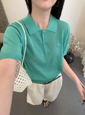 26夏春秋薄款翻领短袖针织衫上衣女背心拼色毛衣打底体恤羊毛衫