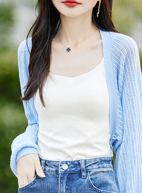 26夏春秋针织开衫女V领打底披肩外套防晒衫百搭休闲冰丝带扣上衣
