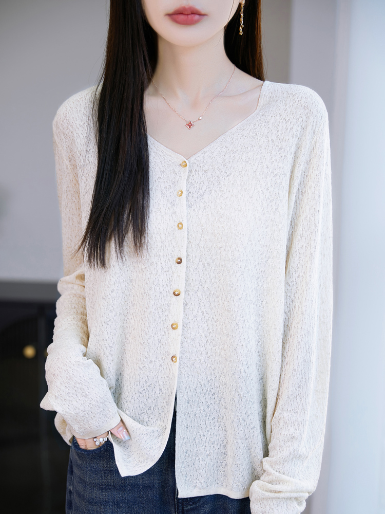 2025夏春秋新款V领长袖针织开衫女宽松显瘦百搭毛衣外套上衣外搭