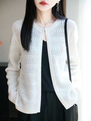 25夏春秋女圆针织开衫毛衣100纯羊毛七针钩花无扣镂空外套