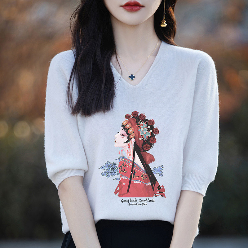 26夏春秋半袖卡通印花羊毛衫针织短袖背心女V领套头毛衣打底上衣