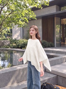 2026春秋冬100纯羊毛斗篷女圆领针织护肩毛衣八宝菱形上衣披肩