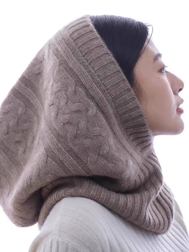 25春秋冬新款100纯羊毛脖套帽子一体针织绞花加大加厚帽子