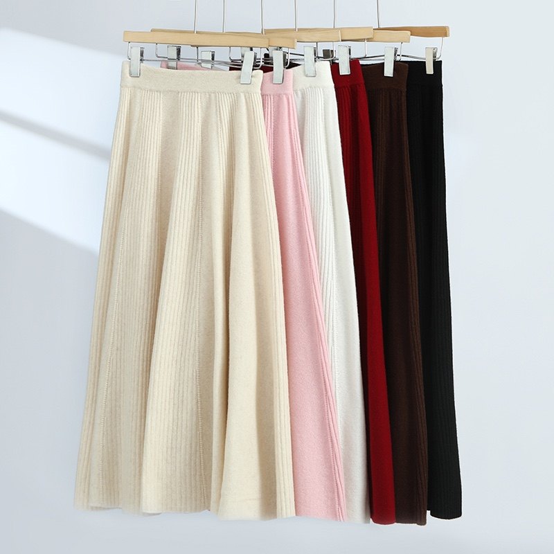 2024春秋冬款半身裙女中长款高腰羊绒裙针织伞裙100纯羊毛裙长裙