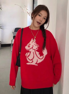 红色100纯羊毛衫女宽松圆领新年毛衣加厚本命年喜庆针织打底衫女