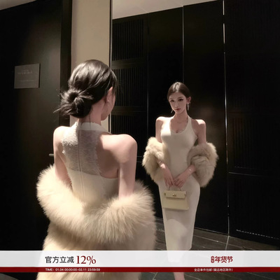 JAYKY YANG蕾丝定律蕾丝花边U字挂脖连衣裙修身打底针织长裙