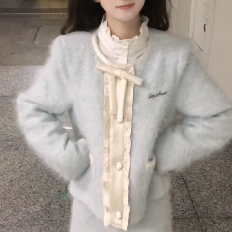 甜美可爱少女蝴蝶结毛毛小香风外套秋冬款高腰显瘦半身裙两件套装