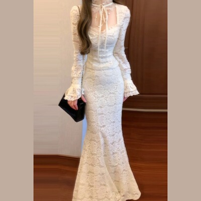 温柔系穿搭秋冬套装高级感女人味蕾丝上衣鱼尾包臀半身长裙两件套