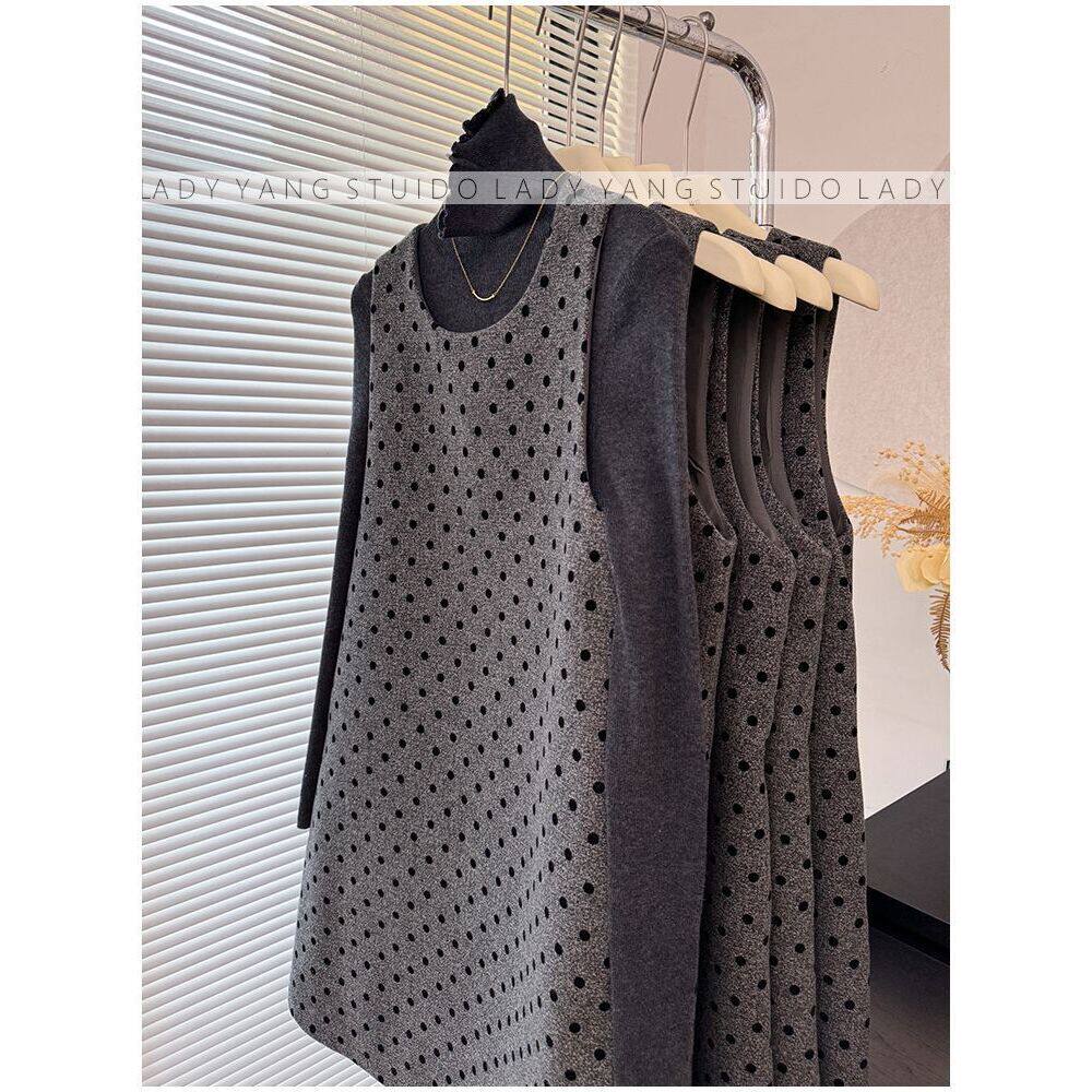 秋冬厚款复古高腰字毛呢波点无袖连衣裙女小个子外穿灰色背心裙
