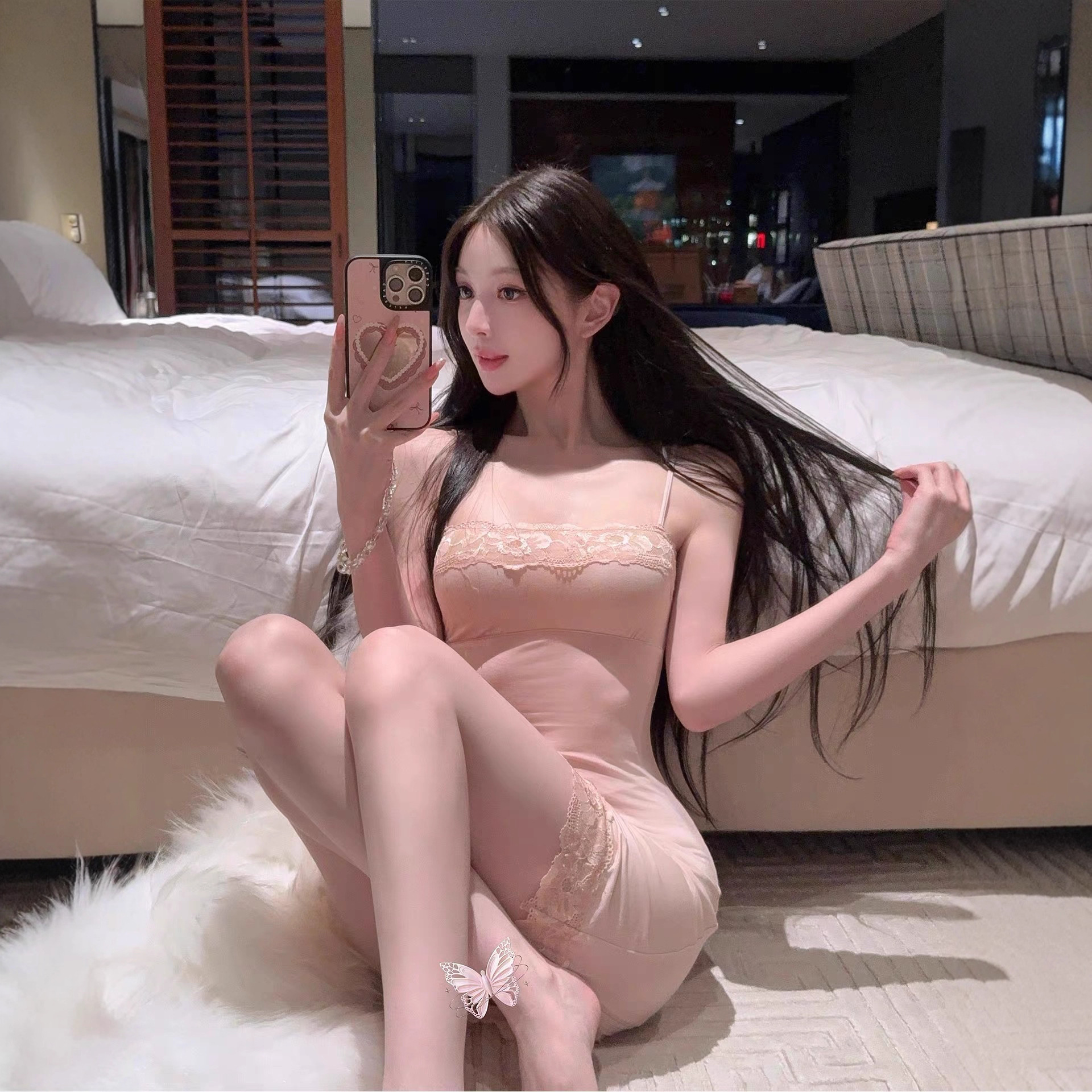 DFAY 贴身小甜品 柔软莫代尔内搭睡裙气质蕾丝吊带连衣裙女秋冬季