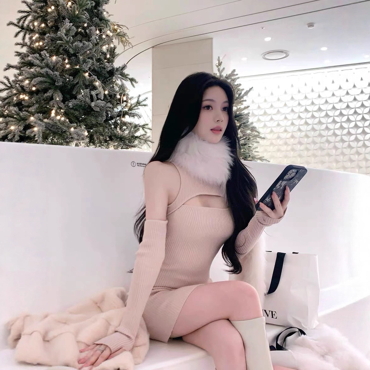 DFAY 又是一条超嗲针织裙 灰粉色巨美气质百搭修身显瘦连衣裙女冬