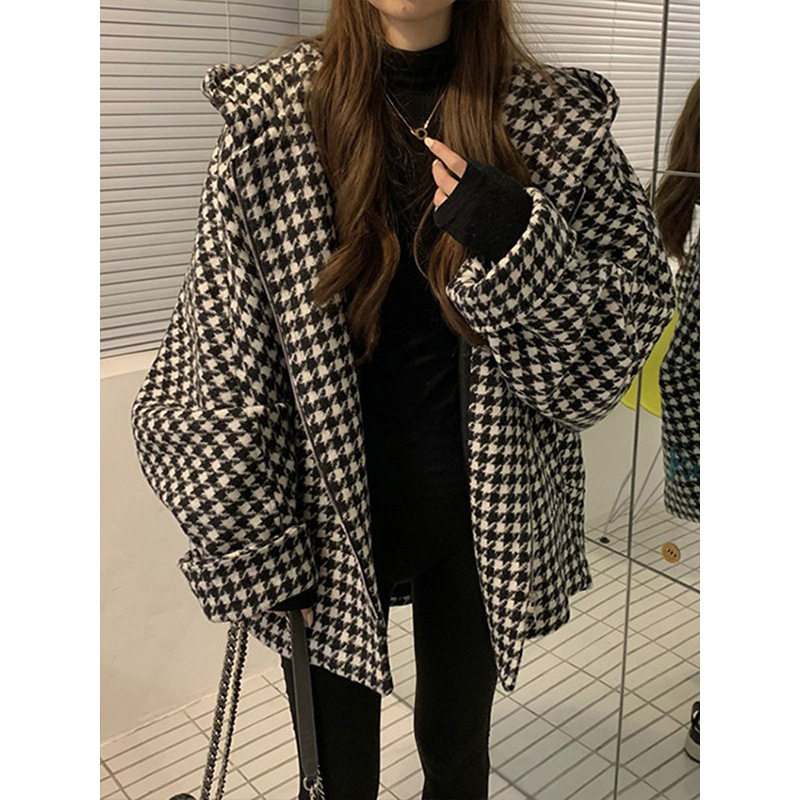 胖mm大码千鸟格外套女装秋冬季2025年新款宽松休闲小香风棉服上衣