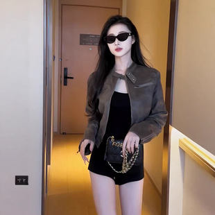 美式复古做旧咖啡色短款夹克外套2026春季新款辣妹百搭立领PU皮衣