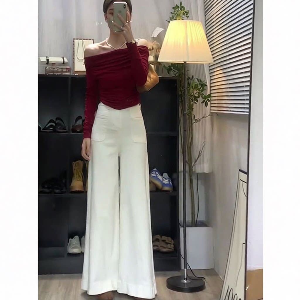 美式白色宽松水洗牛仔裤女秋季高腰微喇裤百搭小个子直筒裤阔腿裤