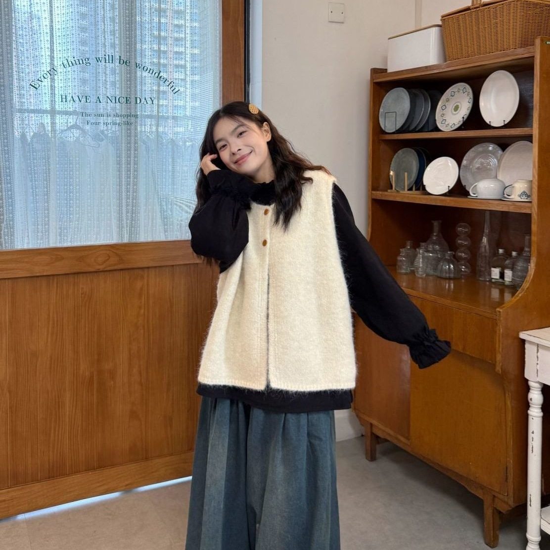 软糯毛衣开衫背心女秋季设计感衬衫叠穿针织马甲坎肩上衣两件套装