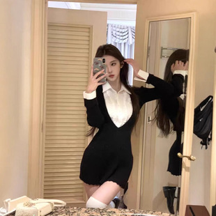 JMSHOP 纽约艺高 针织连衣裙女内搭裙假两件拼接衬衫领裙子百褶裙