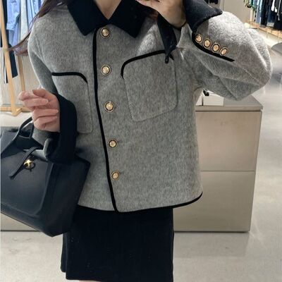 小香风毛呢大衣女短款娃娃领撞色小个子名媛时尚气质双面呢外套潮