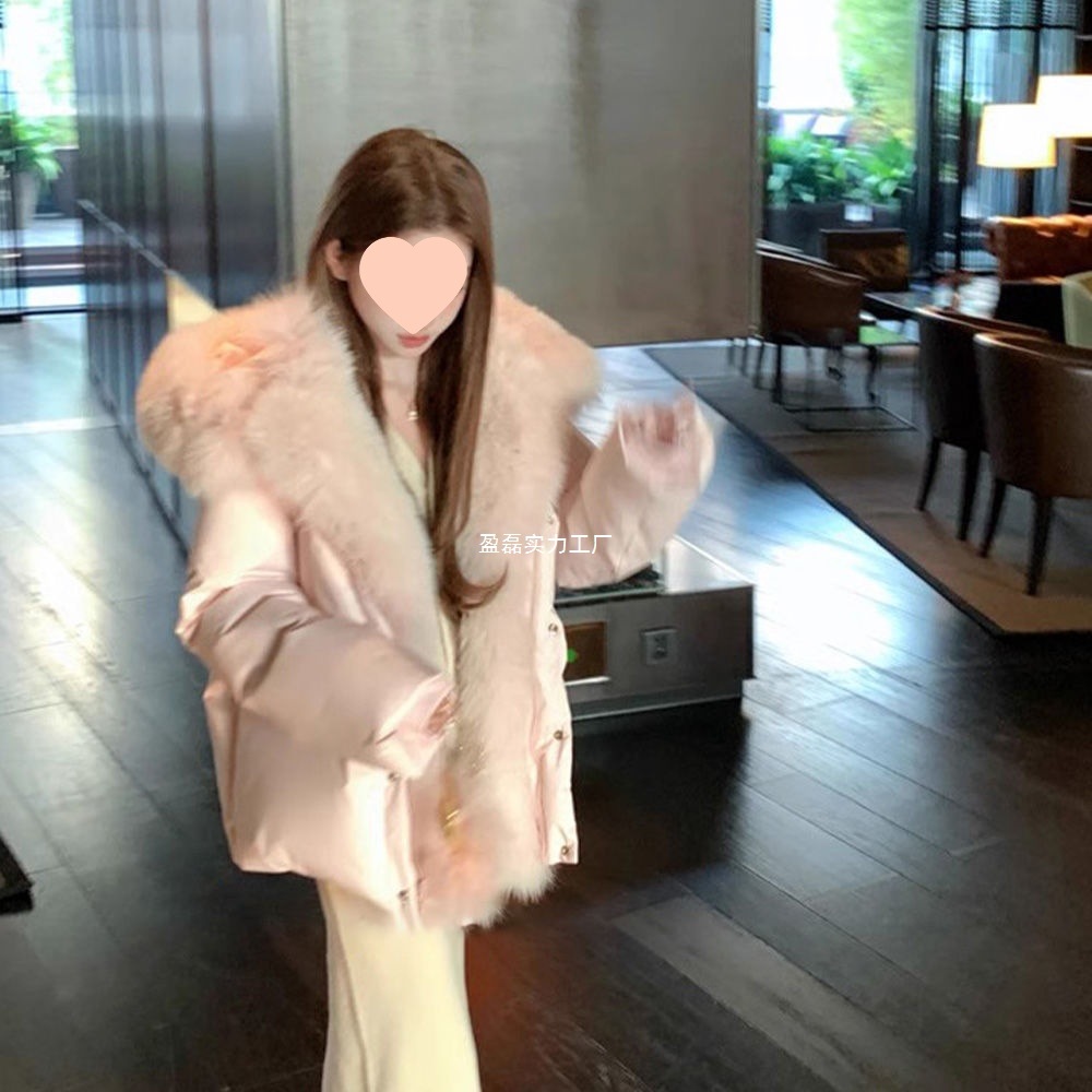 2025冬季新款甜妹粉色仿狐狸毛领棉服女连帽短款外套时尚气质百搭