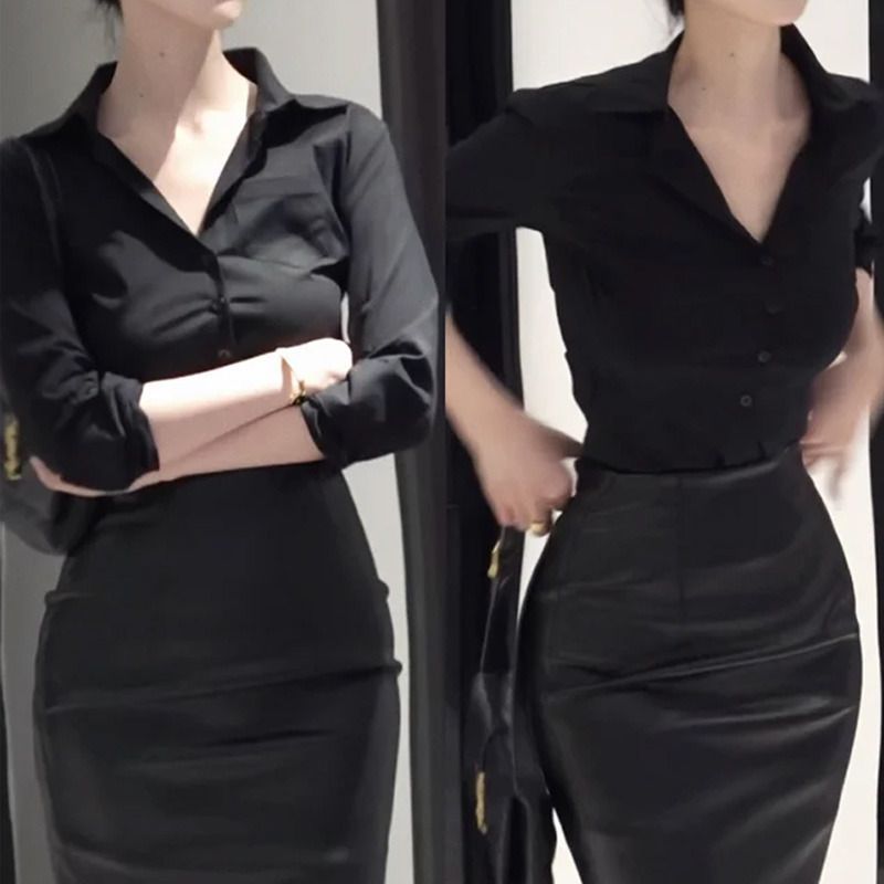 御姐风气质黑色V领长袖衬衫女春秋季通勤OL高腰包臀半身裙套装