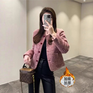 冬装2025新款独特巨好看的粉色短款小香风韩系早秋chic外套女春秋