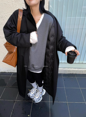 2773# JCCC影子【皓夜】气质百搭黑色极简一粒扣长款风衣羽绒外套