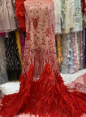 欧美时尚大红色羽毛珠子刺绣亮片服装礼服连衣裙布料面料花边辅料