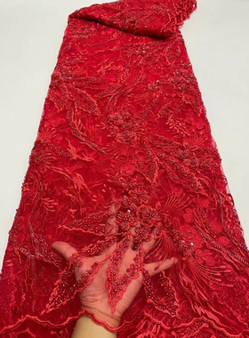 婚纱大红色珠子服装绣花亮片花朵网纱民族风色线布料面料服装花边