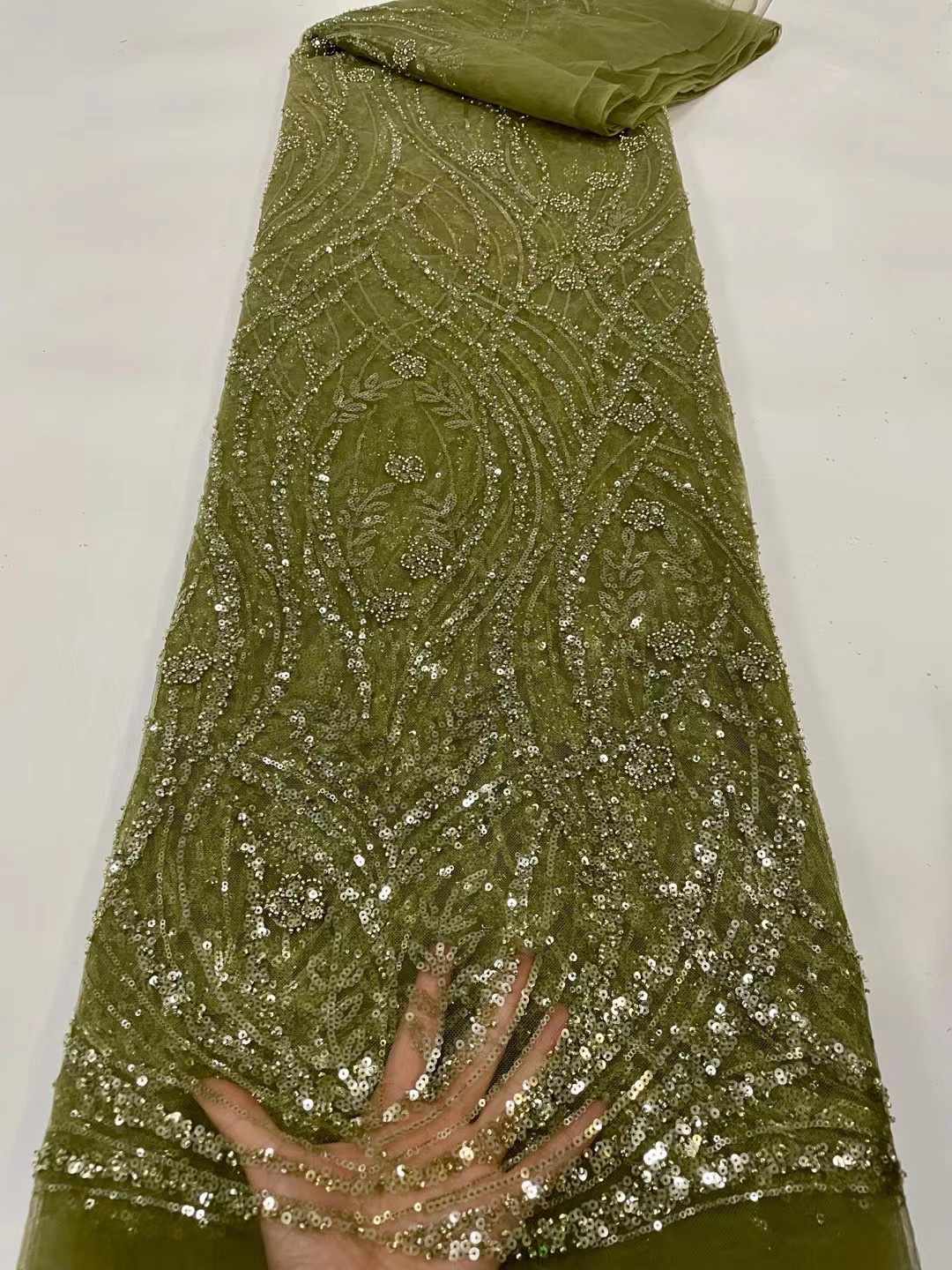 欧美流行亮片珠子刺绣海草植物花朵礼服装裙子舞台表演衣服面料布