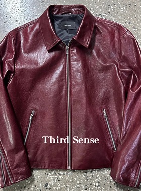 Third酒红色真皮翻领夹克新西兰羊皮泡皮