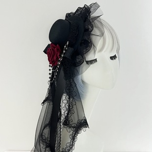 哥特风表演黑暗头纱风格 泣血玫瑰小礼帽发夹cosplay复古链条发饰