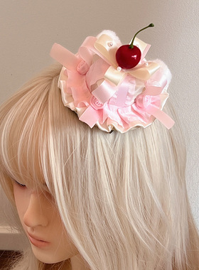 原创樱桃洛丽塔lolita可爱蝴蝶结蕾丝发夹小礼帽Lo娘装扮生日帽子