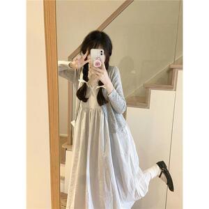高腰连衣裙两件套针织V灰白女小个子花边长裙开衫春夏条纹吊带领