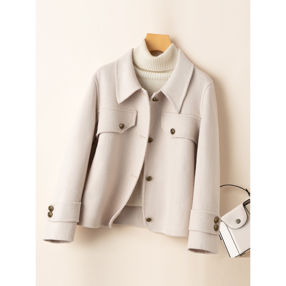 娃娃领纯羊毛针织女带兜纯色休闲简约气质通勤宽松系扣双面呢大衣