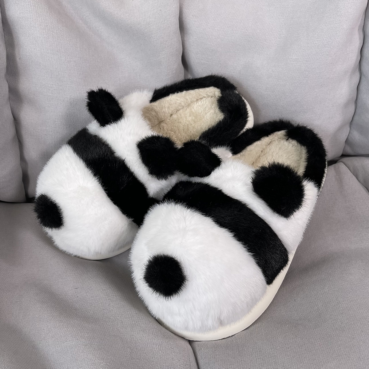 可爱熊猫毛绒冬季保暖防滑棉拖鞋