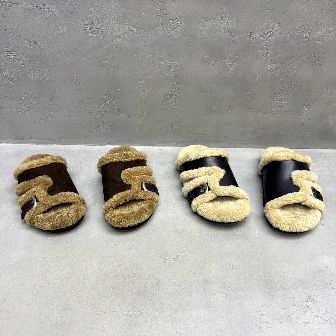 冬季真皮羊羔毛厚底女款一字拖潮