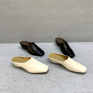 欧货2026春夏新款真皮女鞋欧洲站小众粗跟平头显脚瘦拖鞋女外穿潮