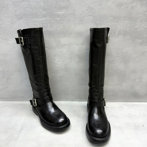 秋冬真皮低跟高筒女骑士靴百搭
