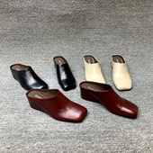 2026春季 新款 欧货真皮方头坡跟时尚 欧洲站女鞋 增高拖鞋 女外穿凉拖