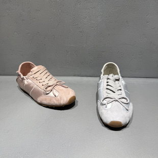 欧货2026春夏新款真皮女鞋系带拼接欧洲站小众显脚瘦休闲德训鞋女