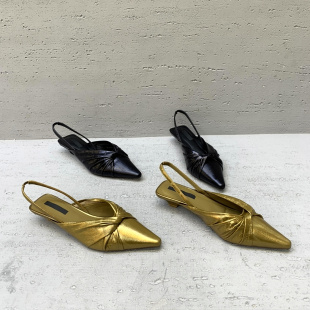 欧货2026春夏新款真皮女鞋褶皱小粗跟尖头显脚瘦欧洲站小众凉鞋女