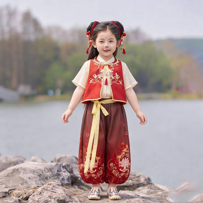 儿童演出服哪吒短袖汉服表演服装国风新中式套装国潮夏季哪吒cos