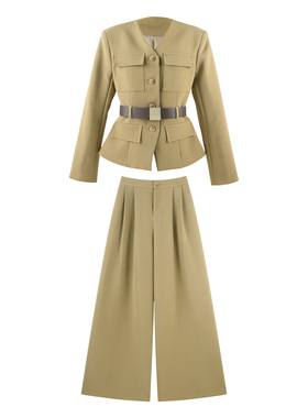 【金金宠粉】春季V领长袖上衣显瘦裤子套装YHBZW800281【送腰带