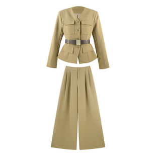 【金金宠粉】春季V领长袖上衣显瘦裤子套装YHBZW800281【送腰带