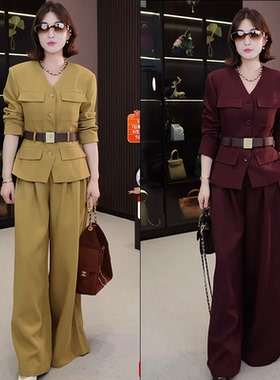 【辰大嗓严选】V领口袋长袖上衣裤子套装YHBZW800281【赠送腰带】