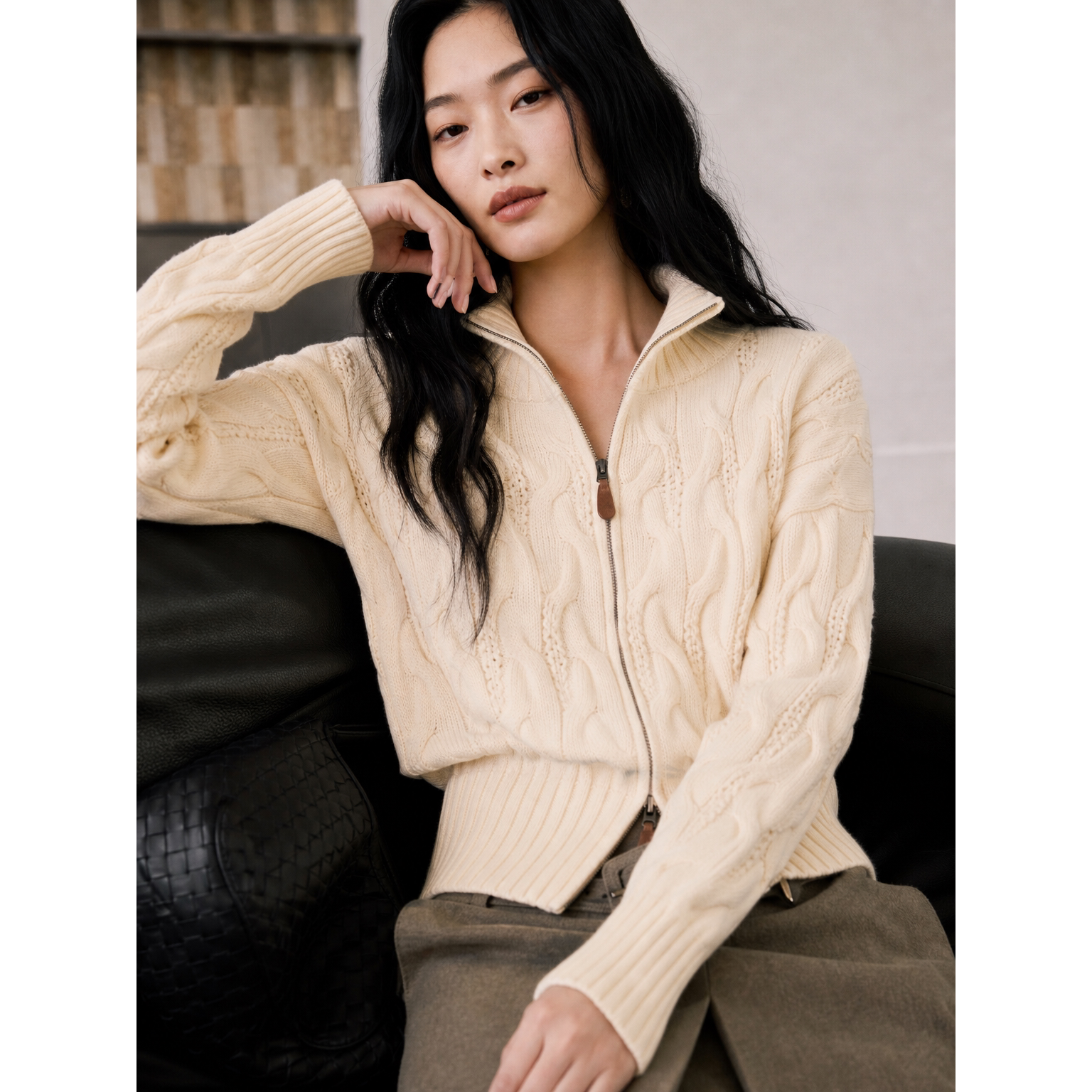 2026复古慵懒风双拉链麻花立领针织开衫女装毛衣HBZWW921969