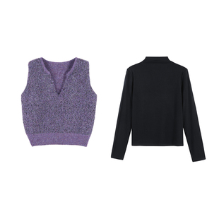 2025新款亮片点缀V领针织马甲半高领打底衫复古两件套HBZWW918129